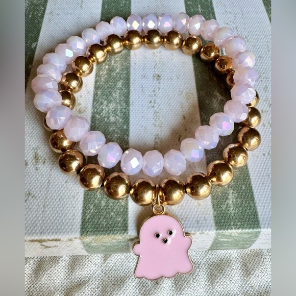 New Halloween Beaded Pink & Gold Tone Adult Size Bracelets w/ Ghost Charm - 8” - Picture 1 of 8